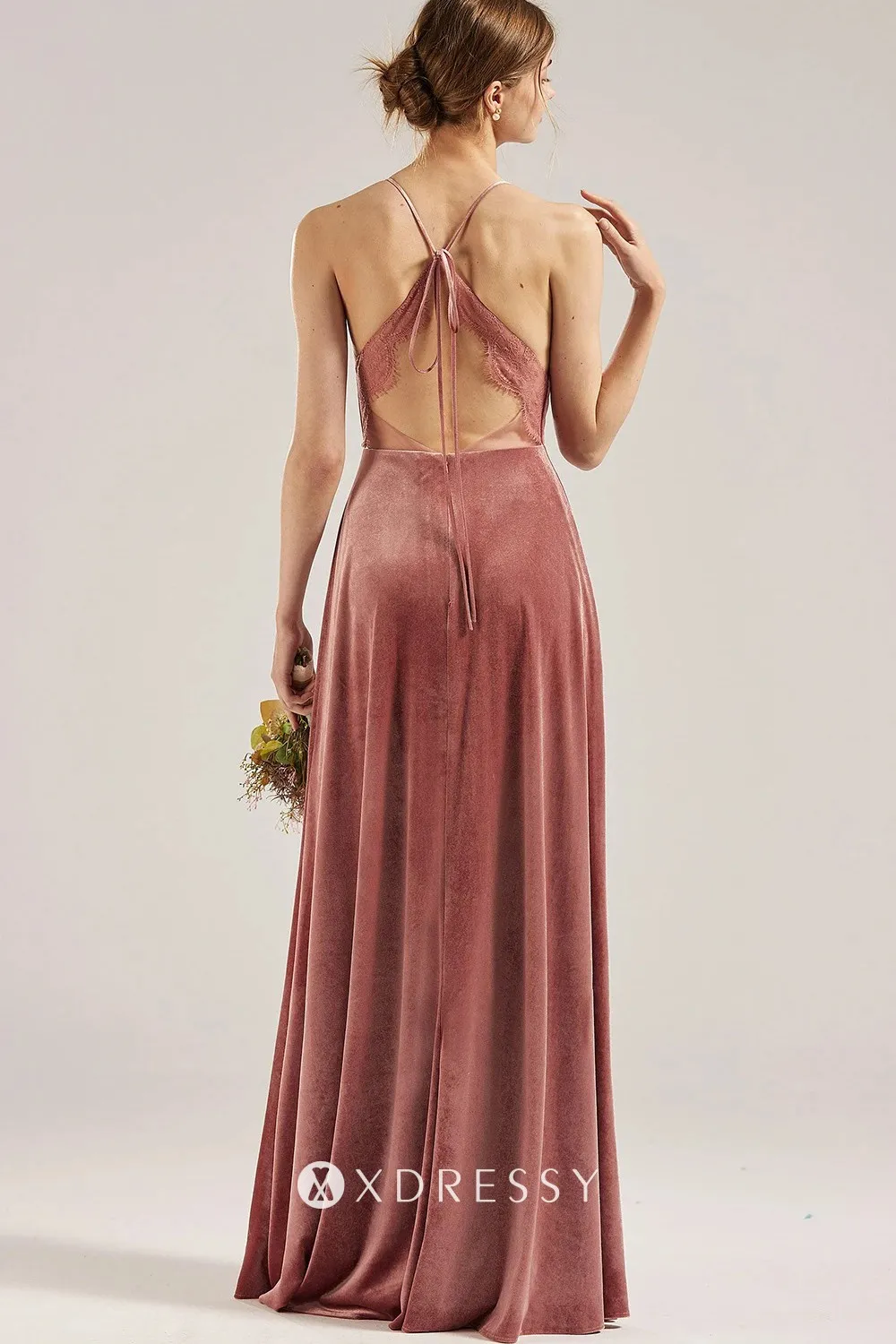 low back with spaghetti straps dusty rose velvet bridesmaid dress
