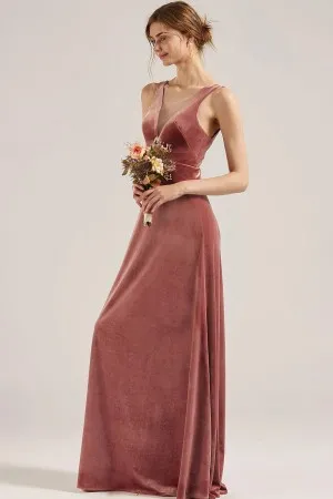 simple dusty rose velvet V neck bridesmaid dress