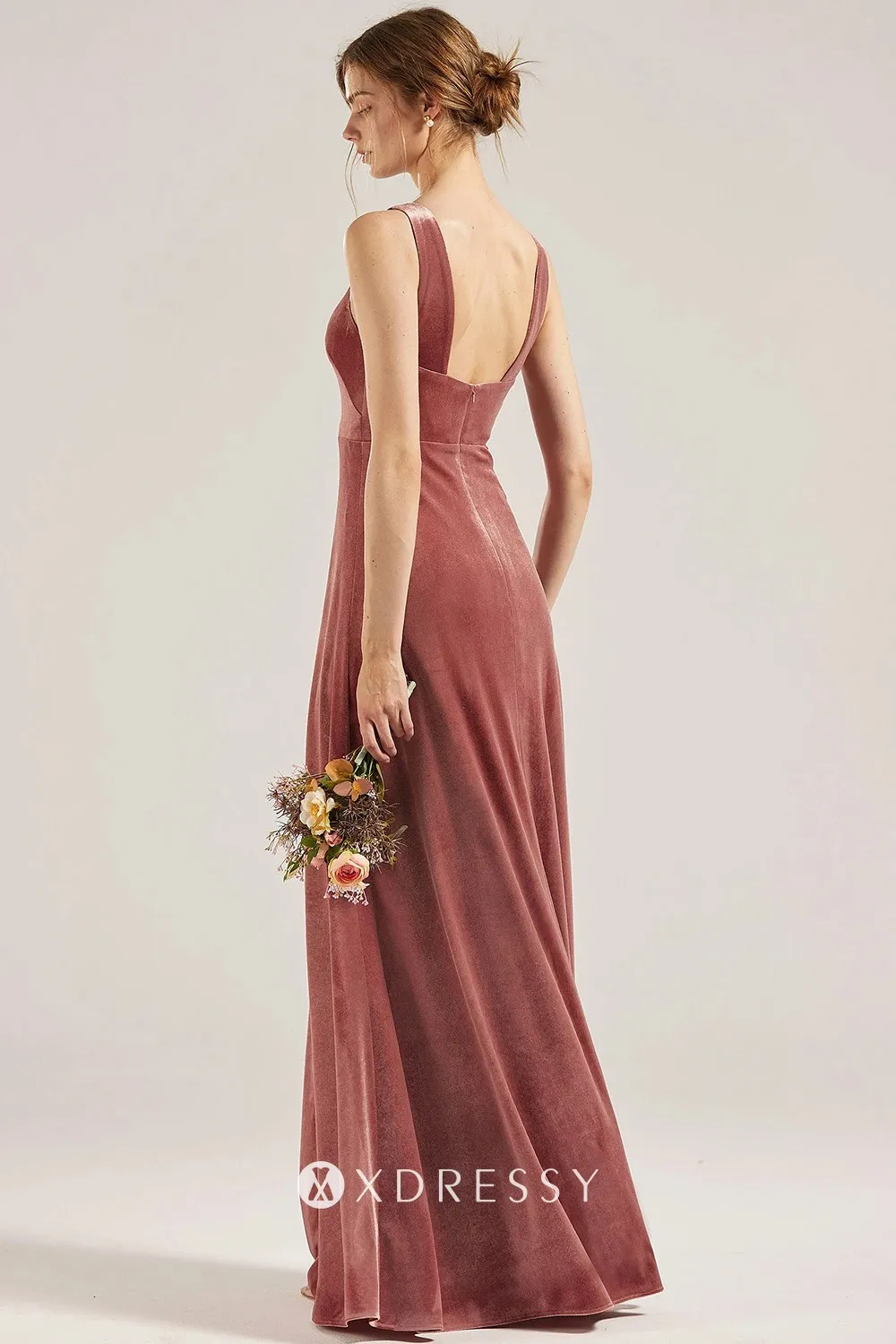 zipper up low back dusty rose velvet bridesmaid dress