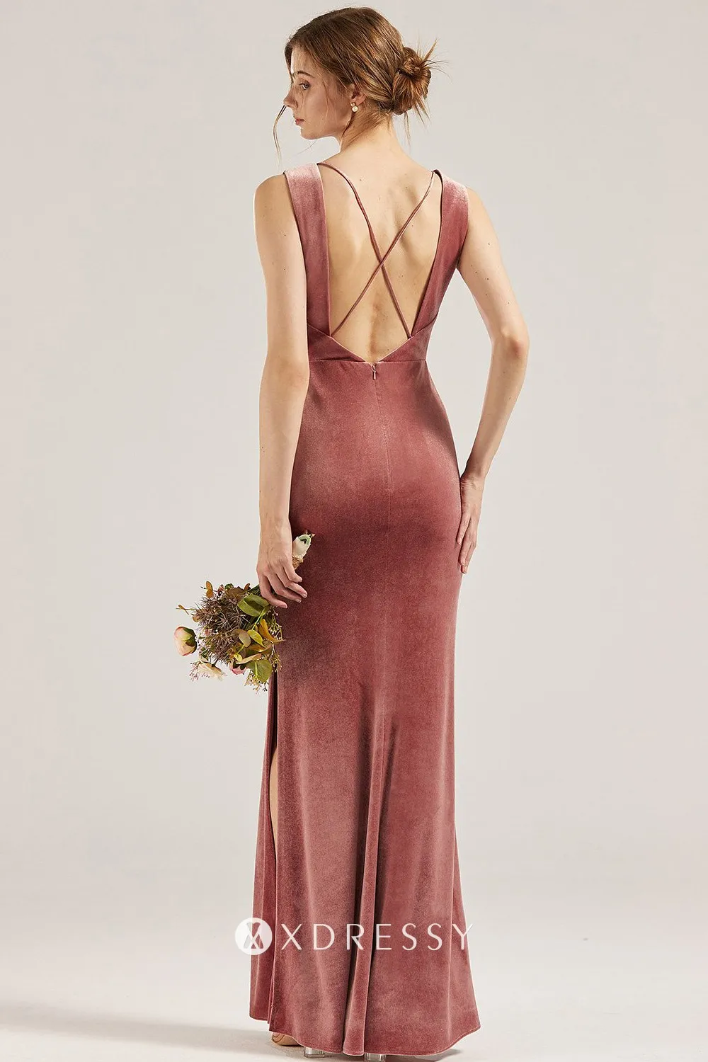 low back with straps dusty rose velvet bridesmaid dress