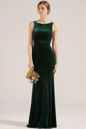 boat neck sleeveless dark green velvet bridesmaid dress