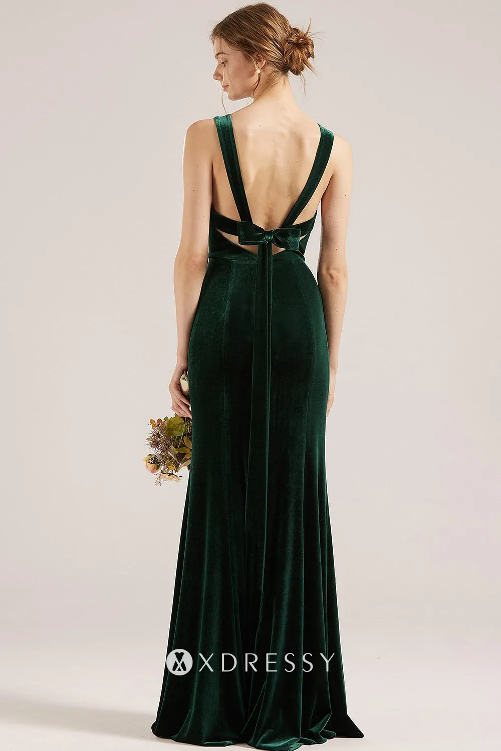 low back with wide straps dark green velvet bridesmaid dress