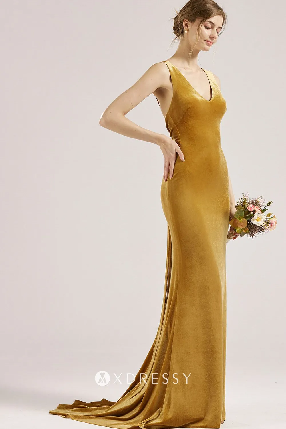 ginger yellow velvet V neck mermaid bridesmaid dress