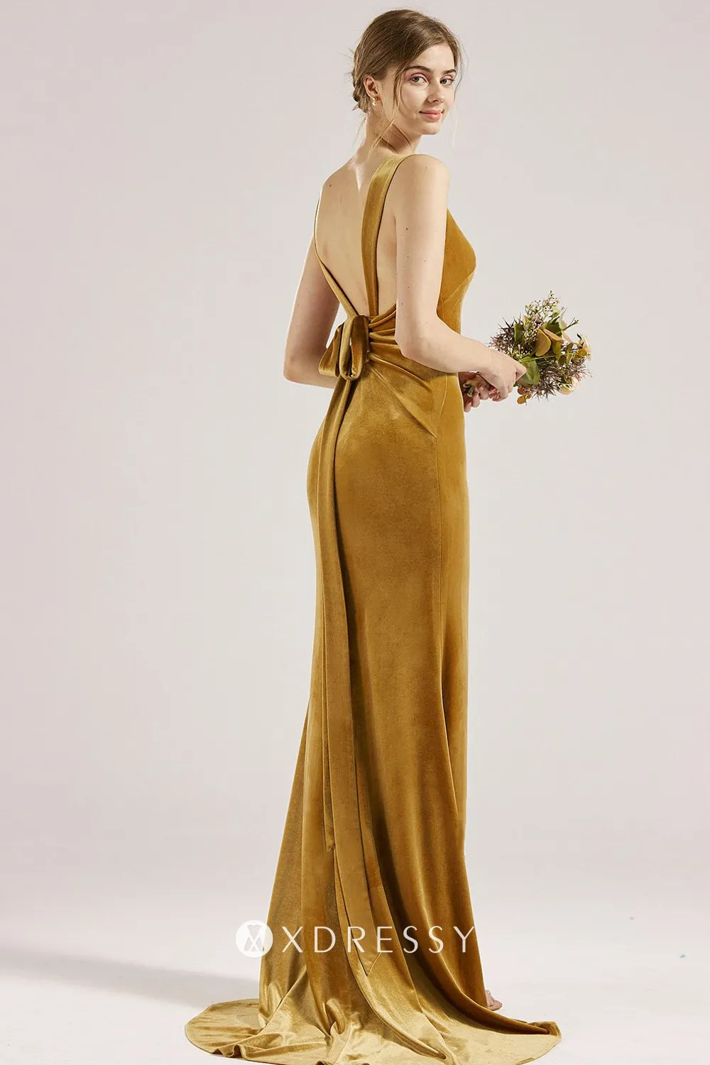 low back wide straps ginger yellow velvet dress