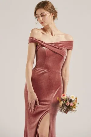 off the shoulder strap dusty rose velvet mermaid bridesmaid dress