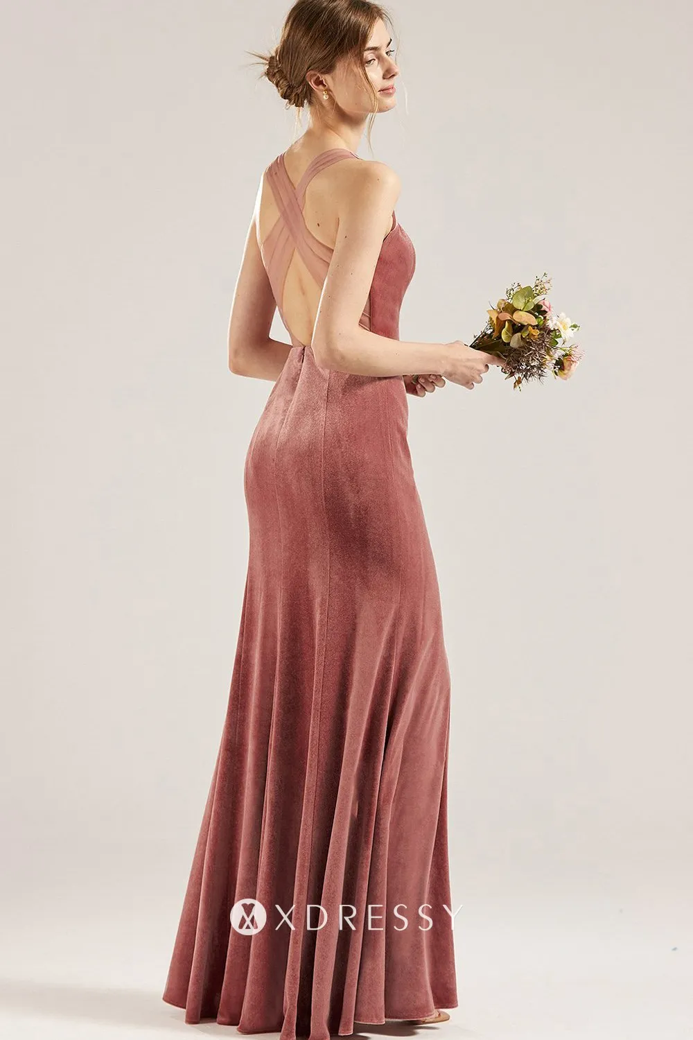 criss cross straps low back dusty rose velvet bridesmaid dress