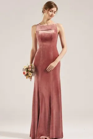 double neckline sleeveless dusty rose velvet bridesmaid dress