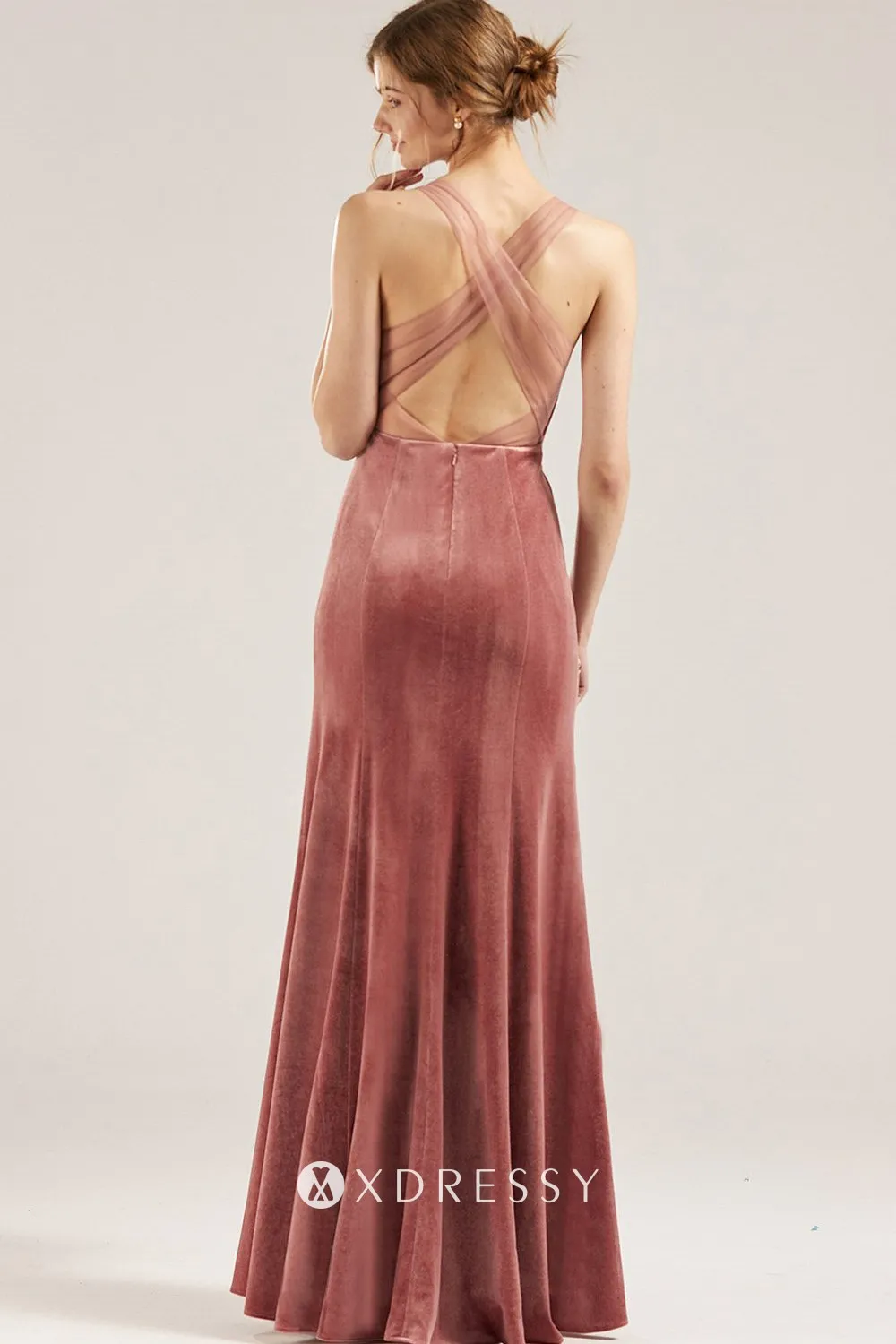 low back sleeveless dusty rose velvet bridesmaid dress