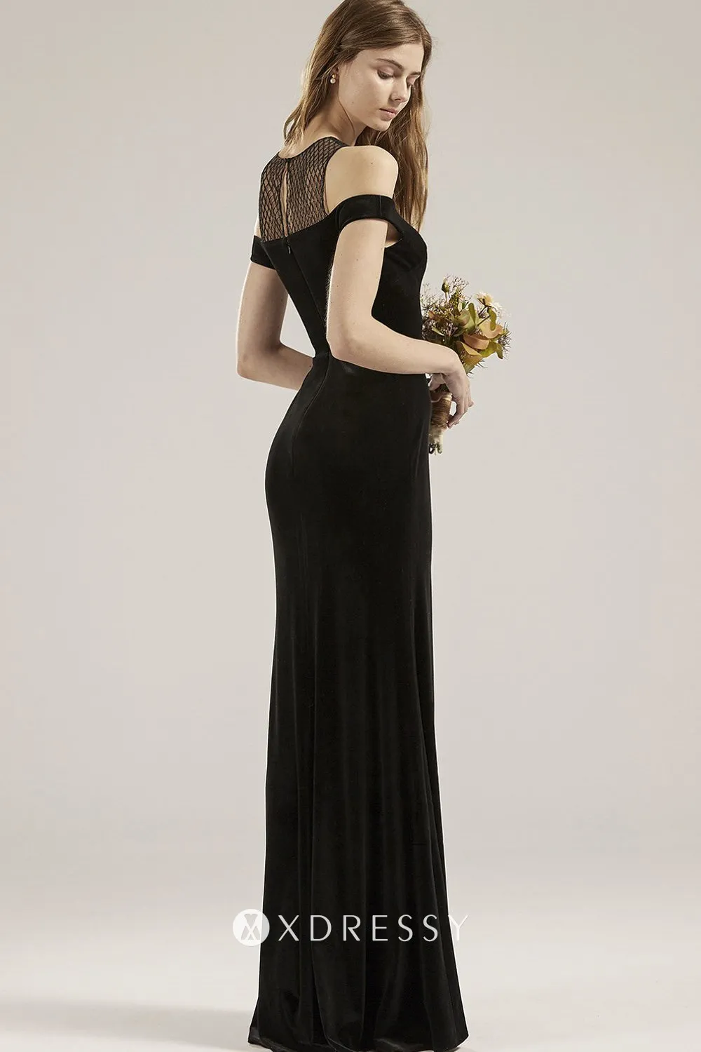 black velvet off shoulder mesh neck bridesmaid dress