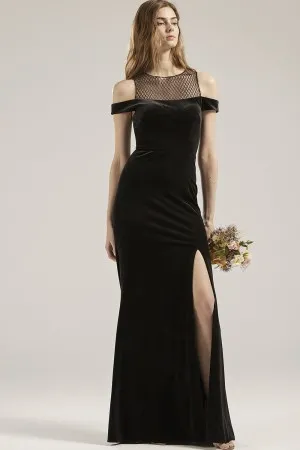 high slit off shoulder mesh neck black velvet bridesmaid dress