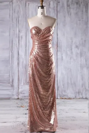 rose gold draped sequin column long bridesmaid dress