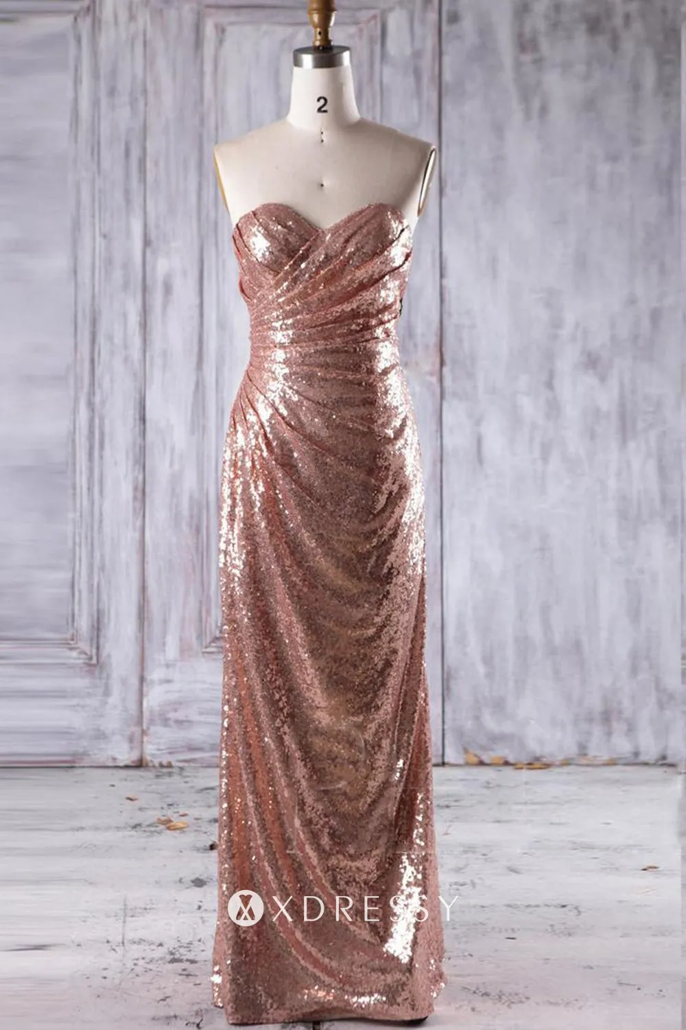 Rose Gold Draped Sequin Column Long Bridesmaid Dress Xdressy