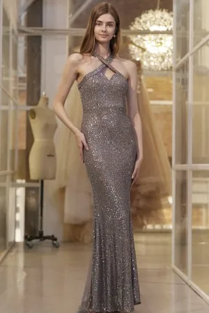 coffee brown sequin crisscross halter bridesmaid dress