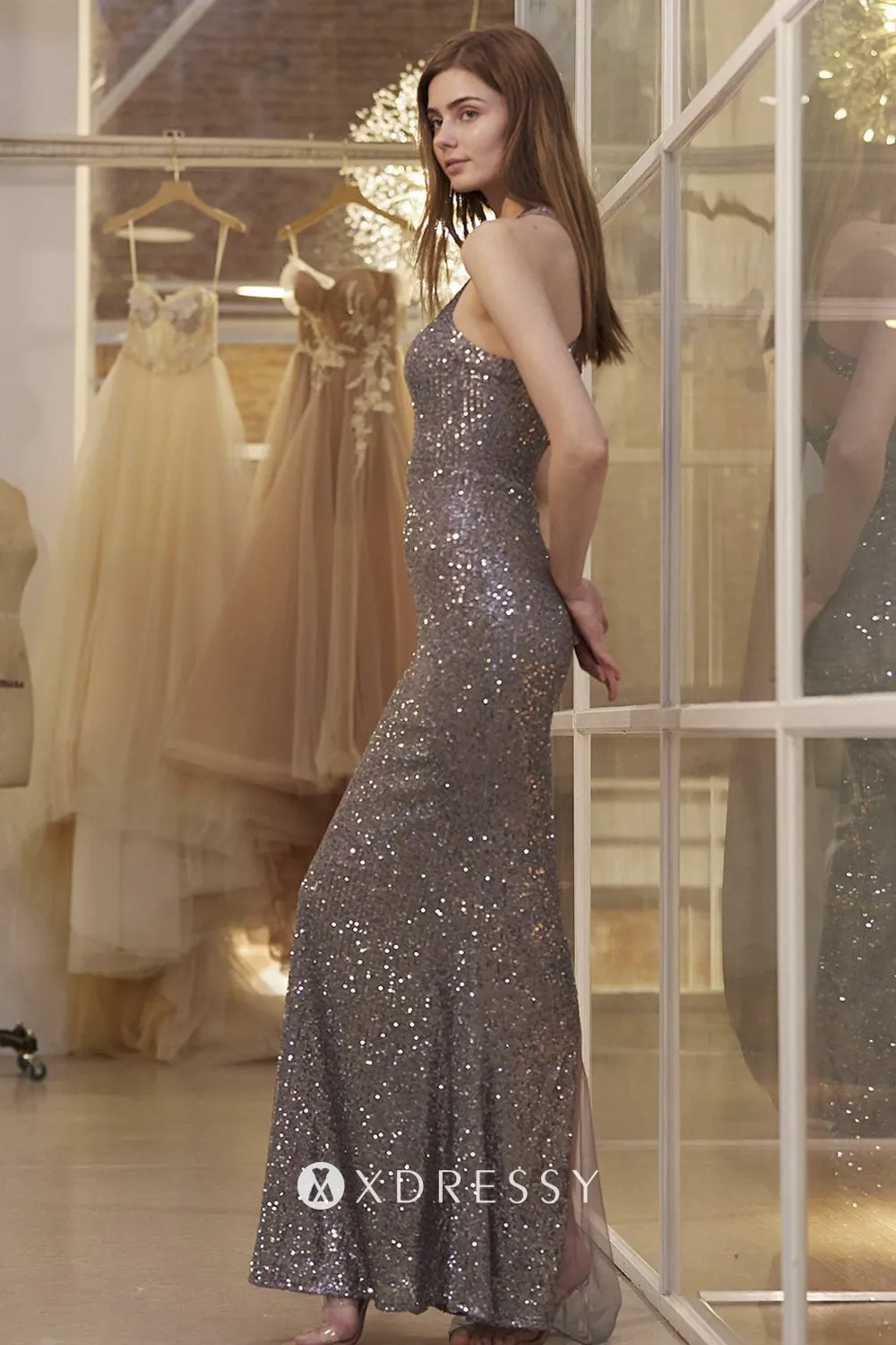coffee brown sequin sleeveless bridesmaid dress