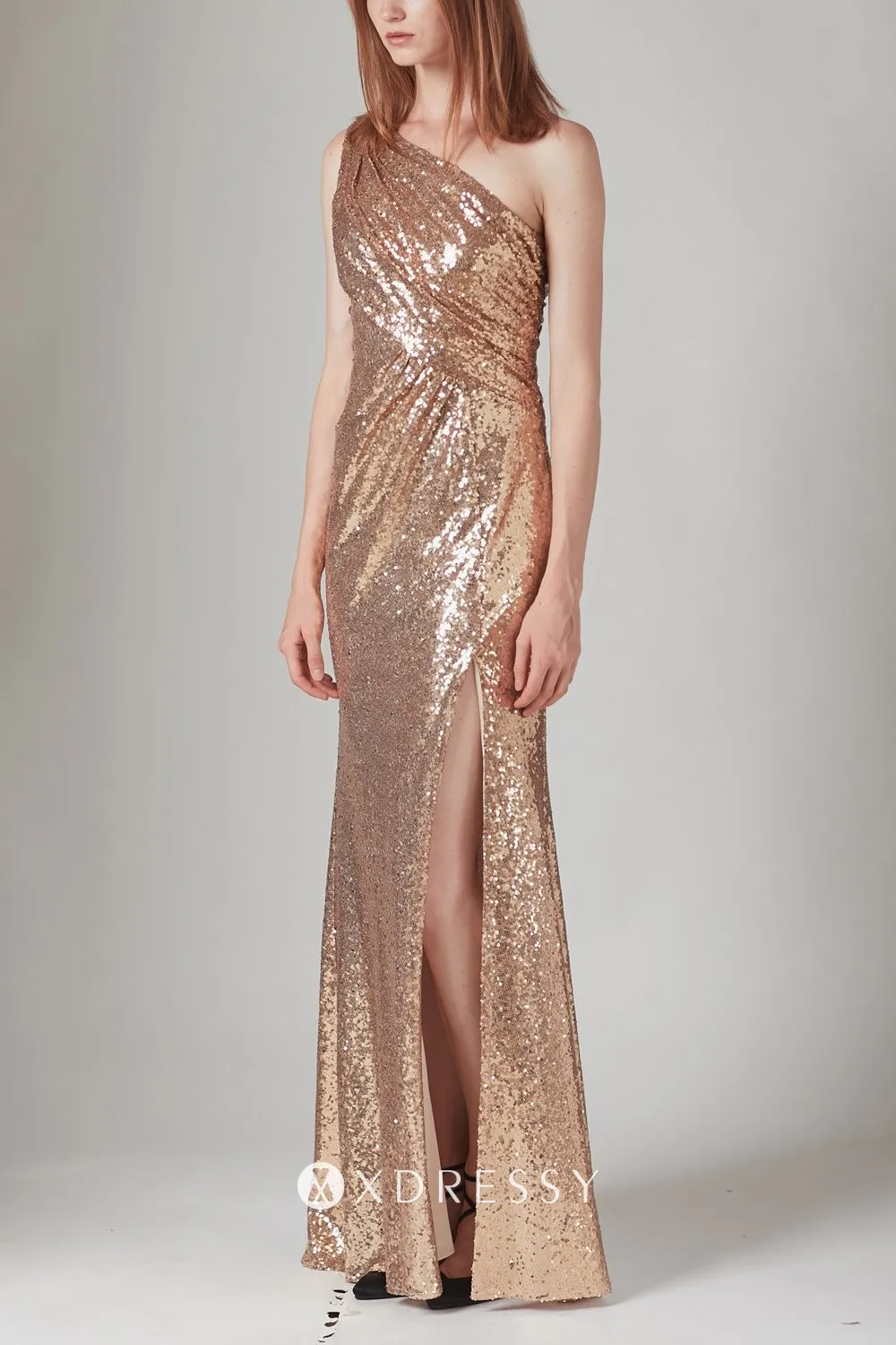 Gold sequin ruched one shoulder slit maxi bridesmaid dress Gold sequin ruched one shoulder slit maxi bridesmaid dress