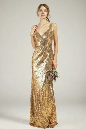 gold sequin empire V neck bridesmaid dress