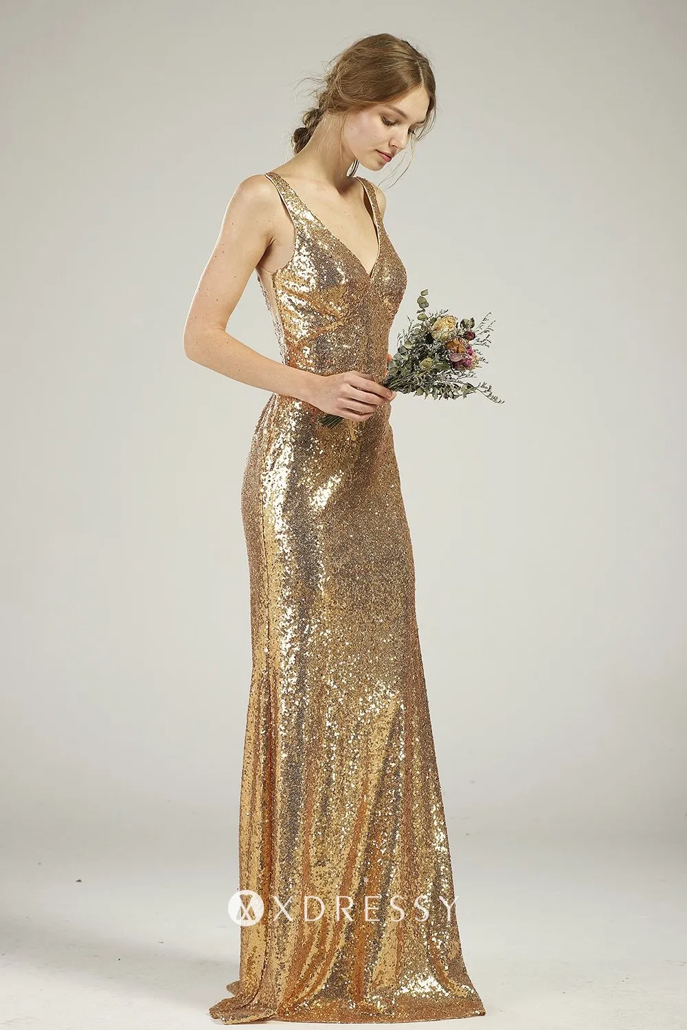 sleeveless gold sequin empire V neck bridesmaid dress sleeveless gold sequin empire V neck bridesmaid dress