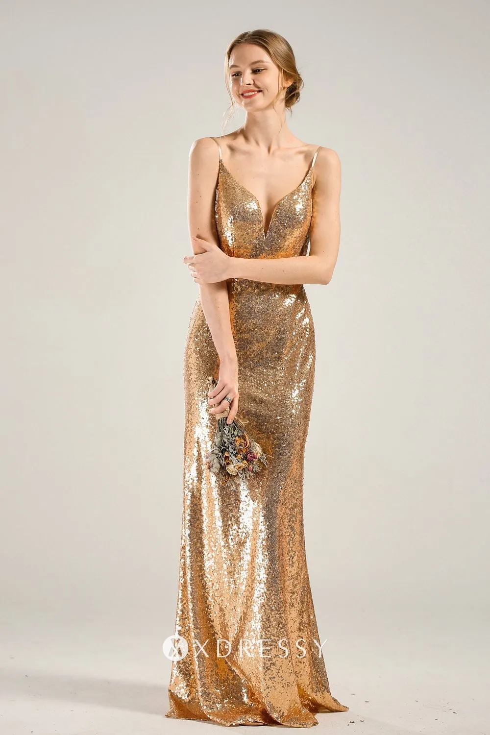 Sexy plunging neck gold sequin mermaid bridesmaid dress