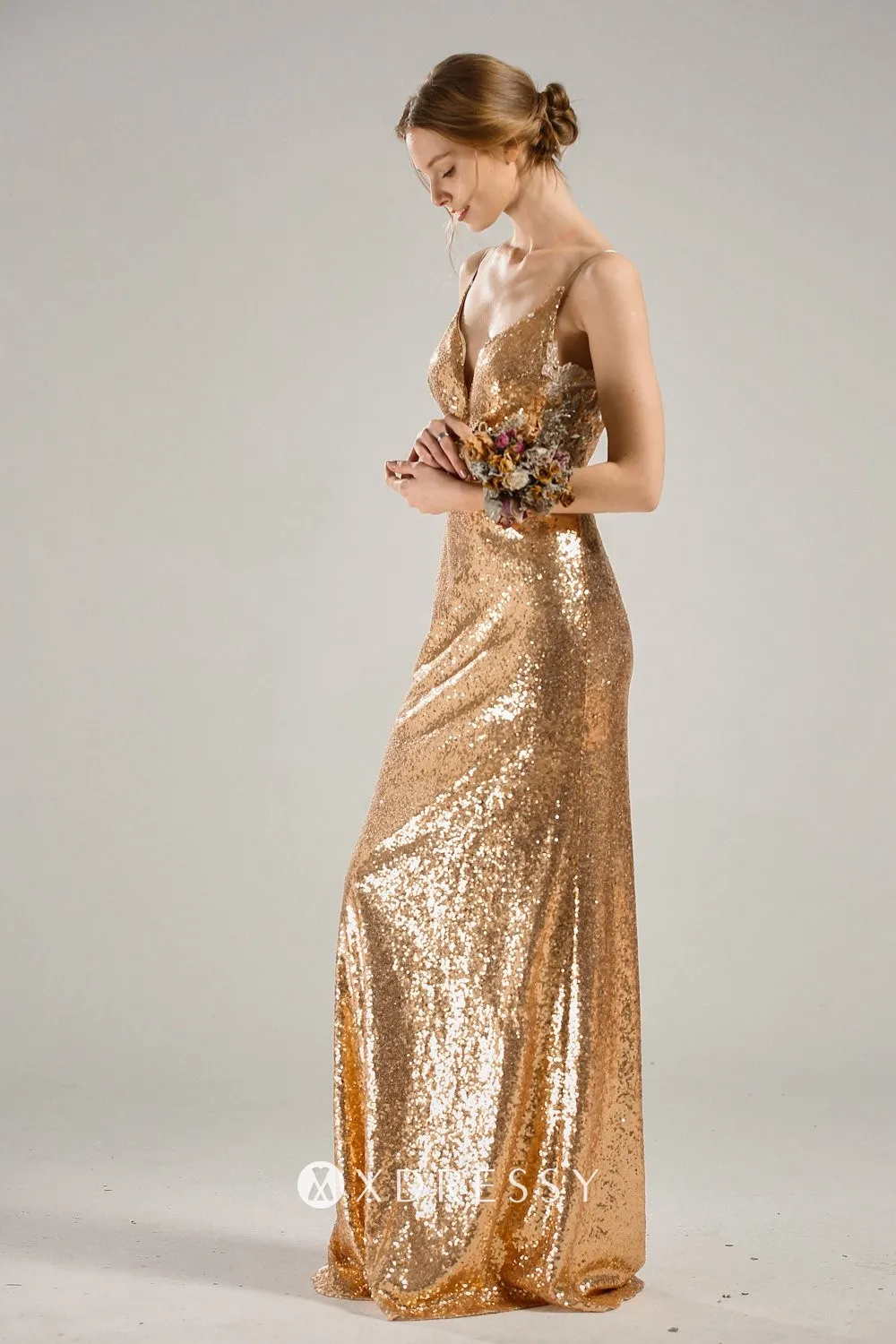 Sexy plunging neck sleeveless gold sequin mermaid bridesmaid dress