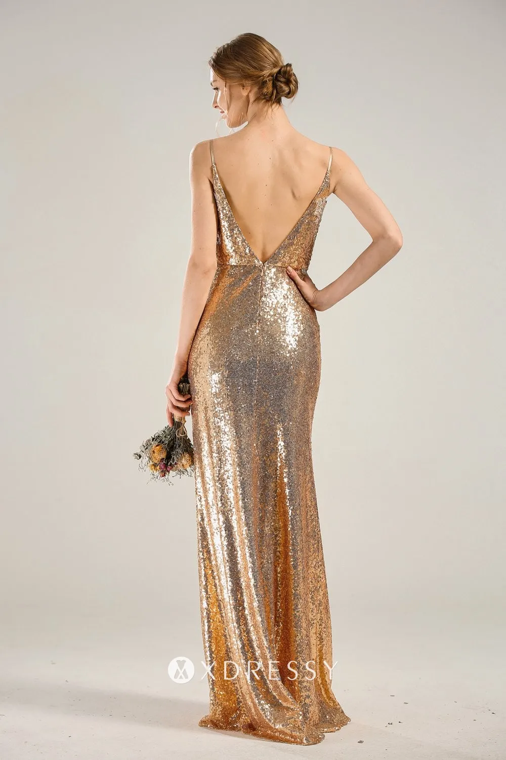 low V back gold sequin mermaid bridesmaid dress