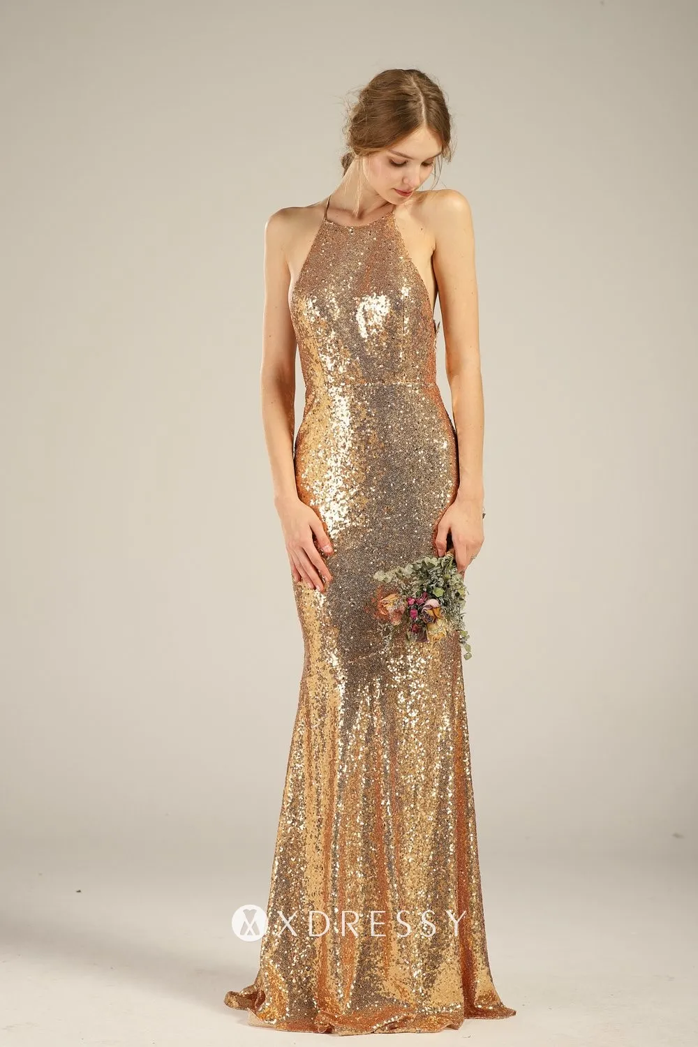 Gold Sequin Halter Neck Illusion Back Bridesmaid Dress Xdressy