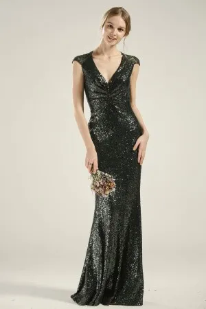 dark green lace cap sleeve sequin long bridesmaid dress