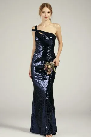 navy sequin one shoulder double straps bridesmaid dress