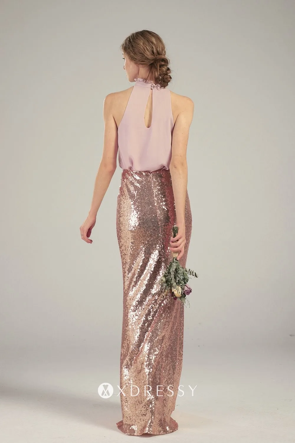 floor length rose gold sequin pink chiffon bridesmaid gown