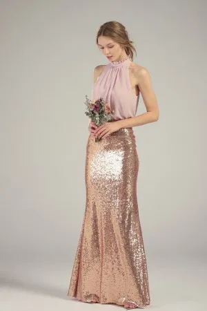 pink chiffon high neck rose gold sequin bridesmaid gown