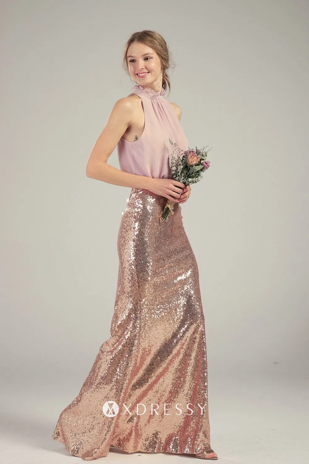 pink chiffon high neck sleeveless long bridesmaid gown