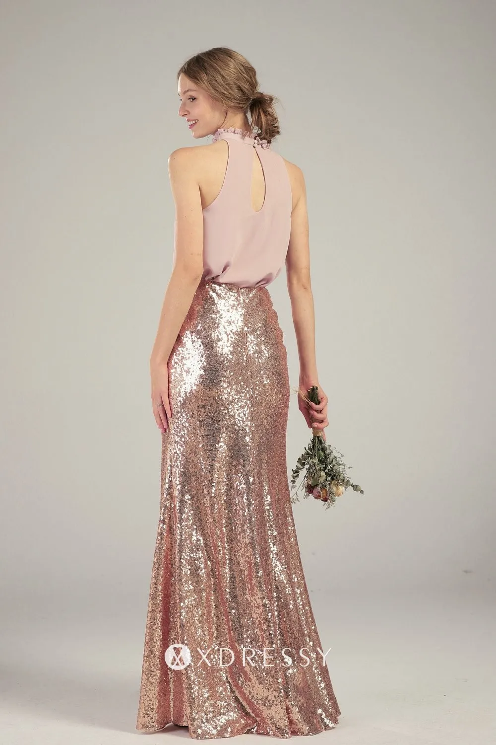 pink keyhole back chiffon rose gold sequin bridesmaid gown