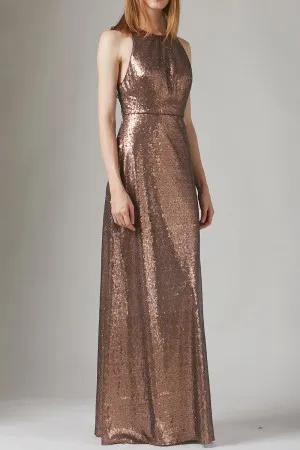 brown sequin sleeveless long bridesmaid dress