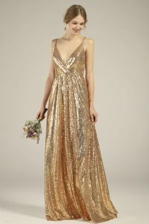 Wrap V neck chic gold sequin A line bridesmaid dress