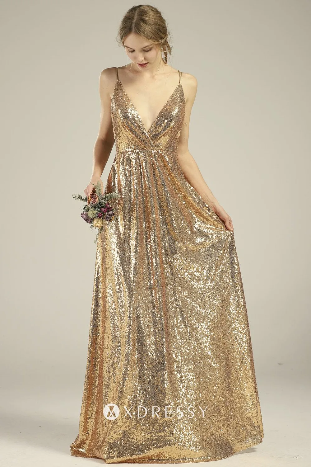 double spaghetti strap wrap V neck gold sequin bridesmaid dress