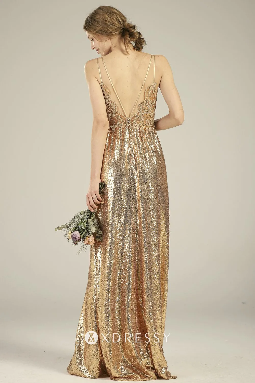 illusion V back chic gold sequin A line bridesmaid dress