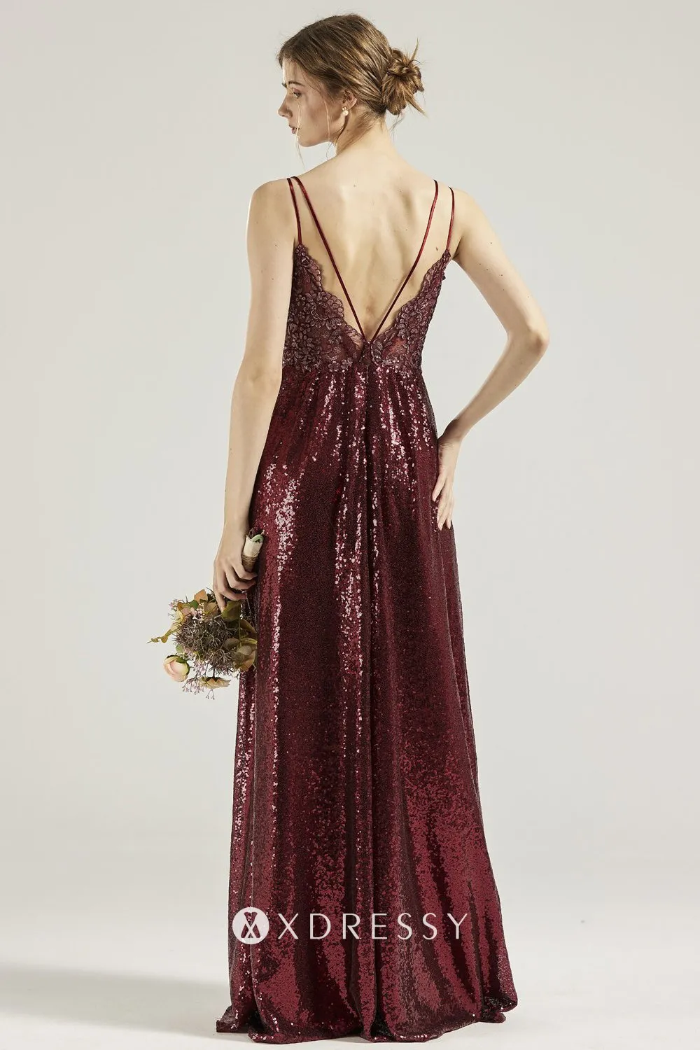 illusion lace appliqued V back wine sequin bridesmaid dress illusion lace appliqued V back wine sequin bridesmaid dress