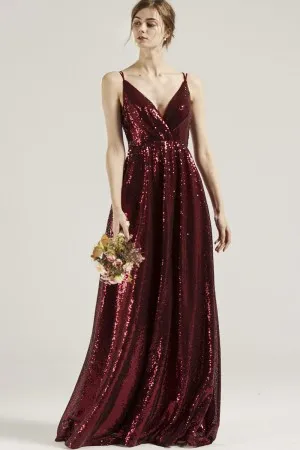 wine sequin V neck fancy long bridesmaid dress