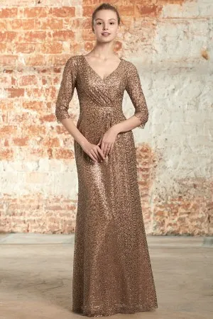 bronze gold sequin half sleeve v neck bridesmaid dress