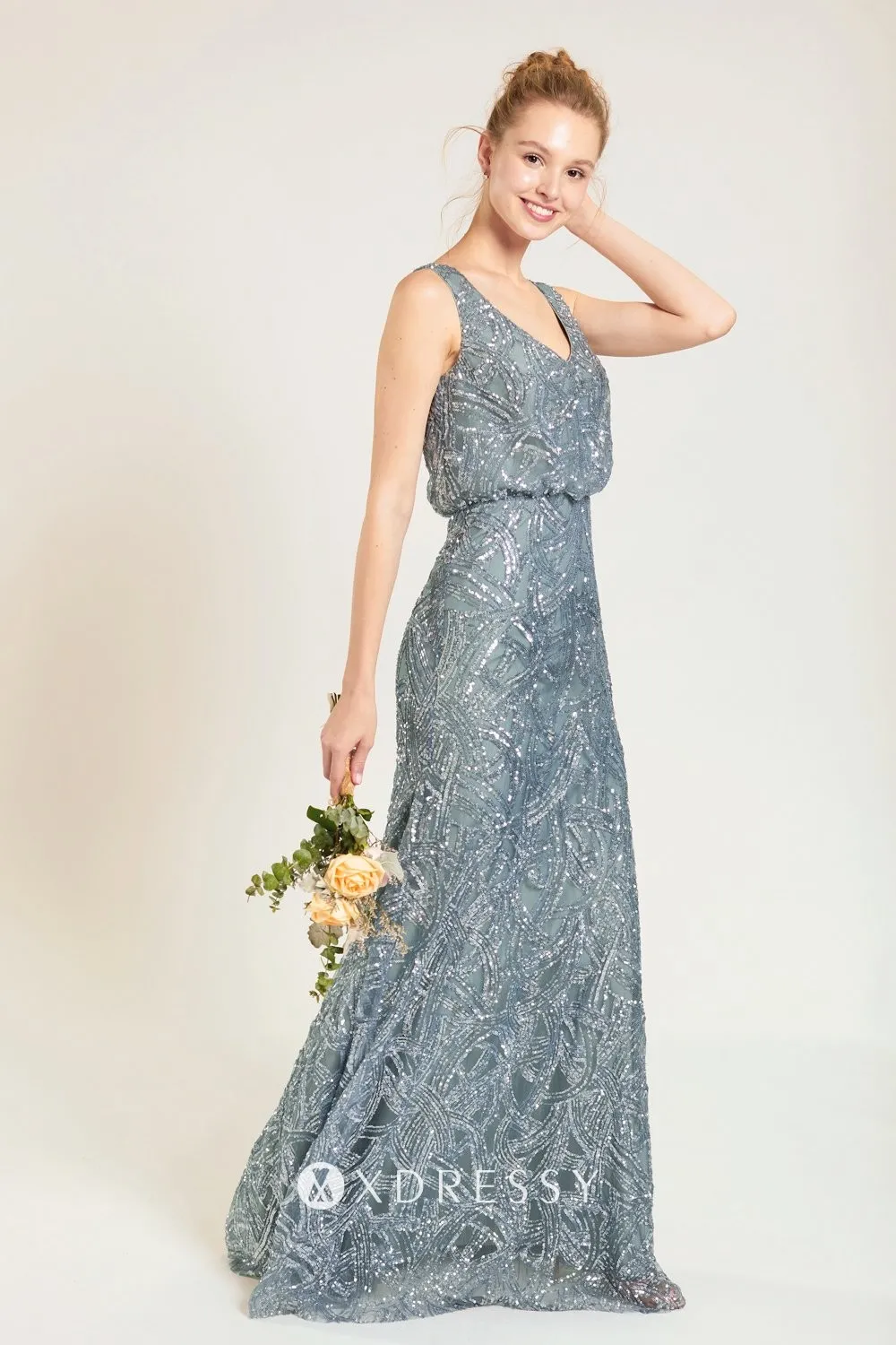 Dusty Blue Sequin Sleeveless Vneck Bridesmaid Dress Xdressy