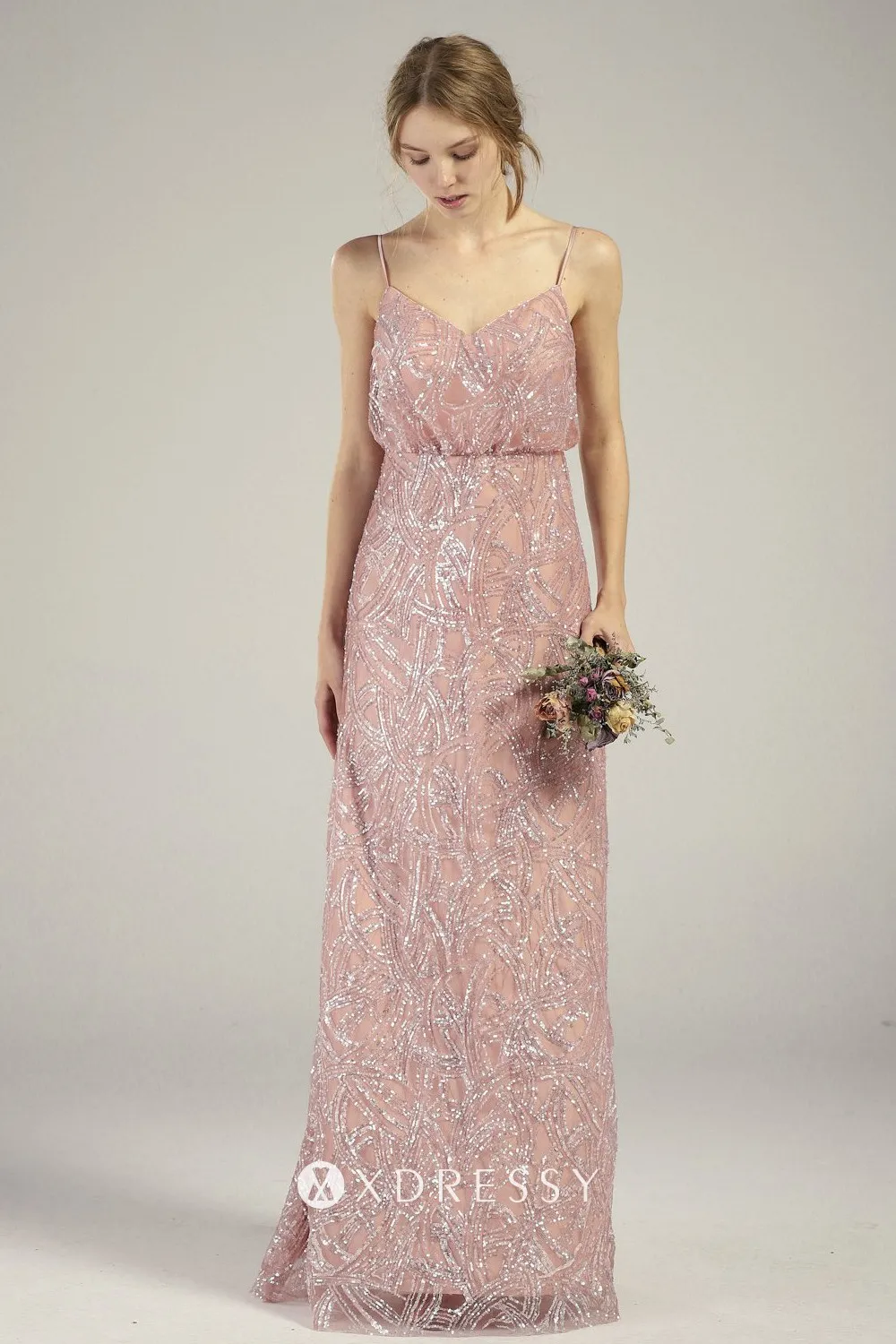 Blush Sequin Overlaid Vneck Cowl Back Bridesmaid Dress Xdressy