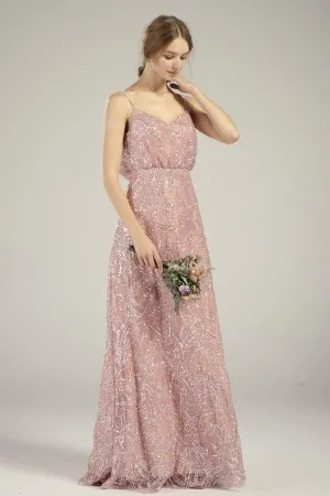 blush sequin overlaid V neck spaghetti straps bridesmaid dress