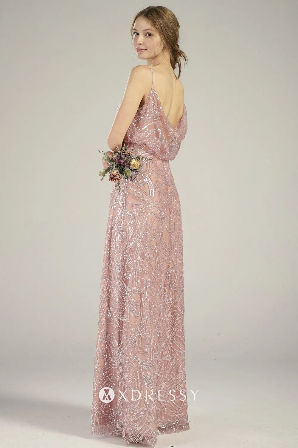 blush sequin overlaid spaghetti straps cowl back bridesmaid dress blush sequin overlaid spaghetti straps cowl back bridesmaid dress
