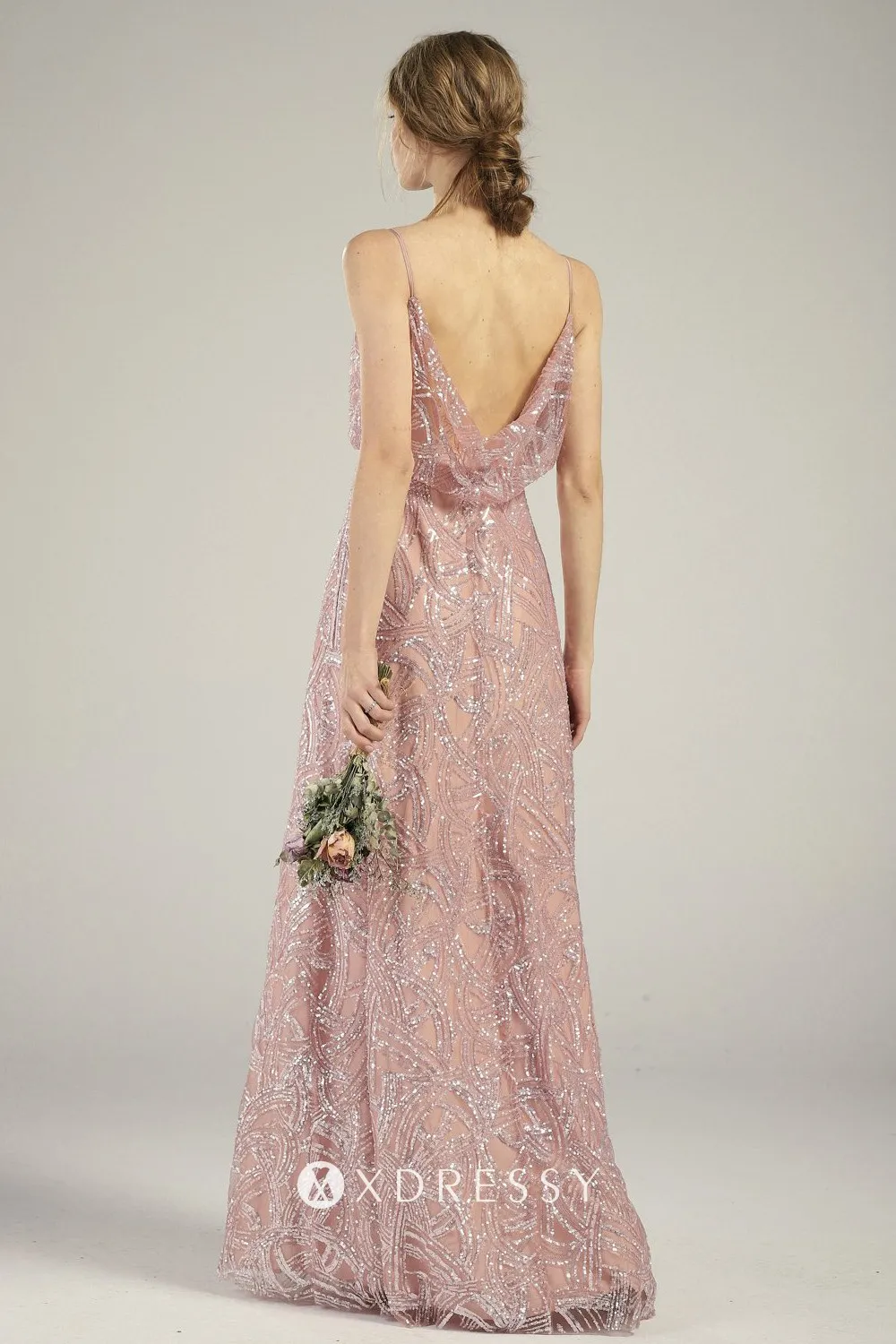 cowl back blush sequin overlaid long bridesmaid dress cowl back blush sequin overlaid long bridesmaid dress