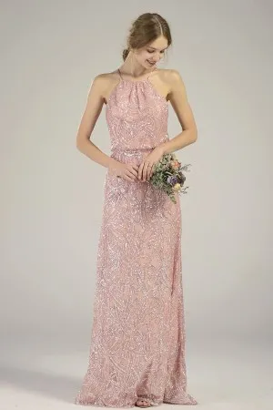 Blush halter Arc shape sequin long bridesmaid dress