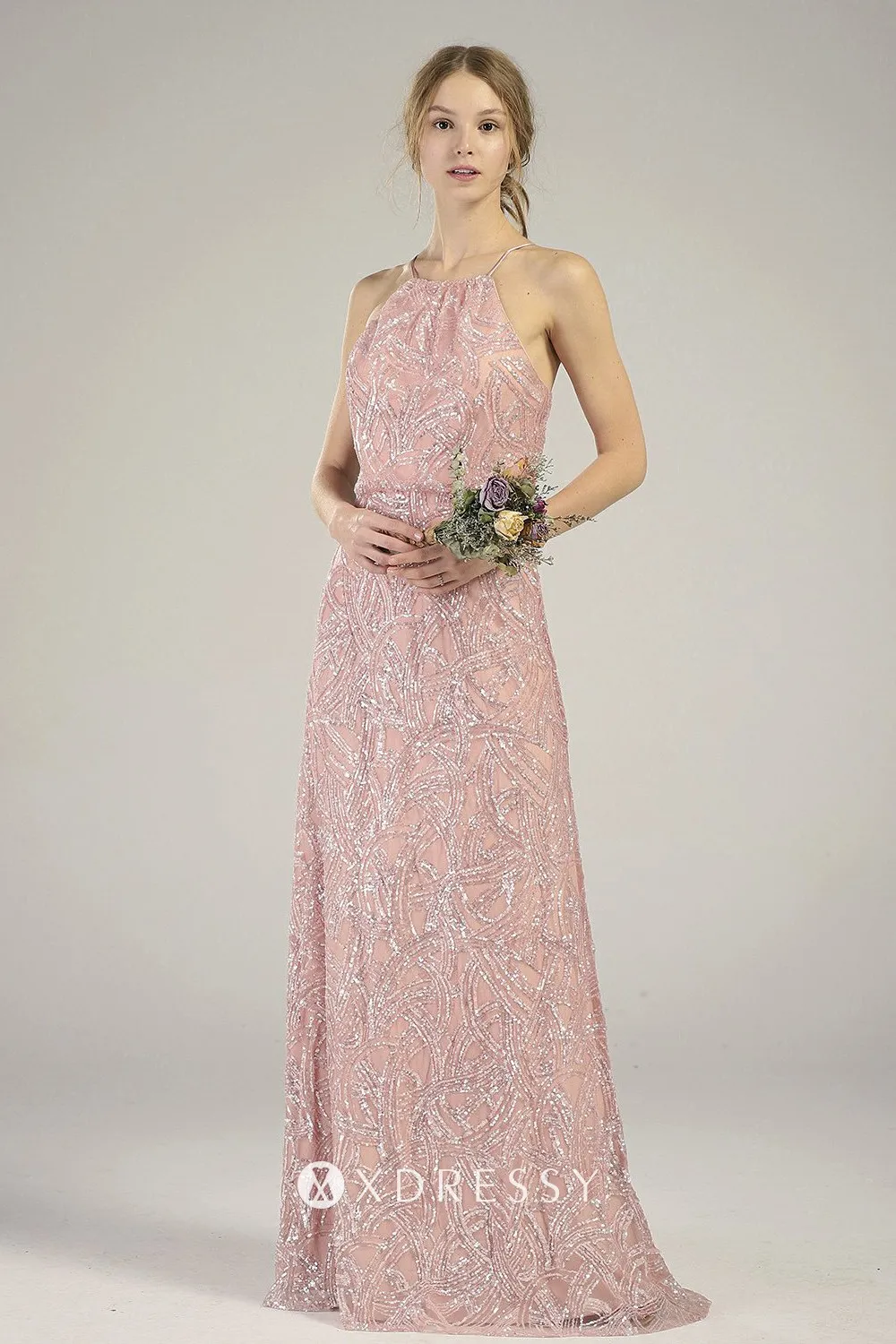 Blush sleeveless Arc shape sequin long bridesmaid dress