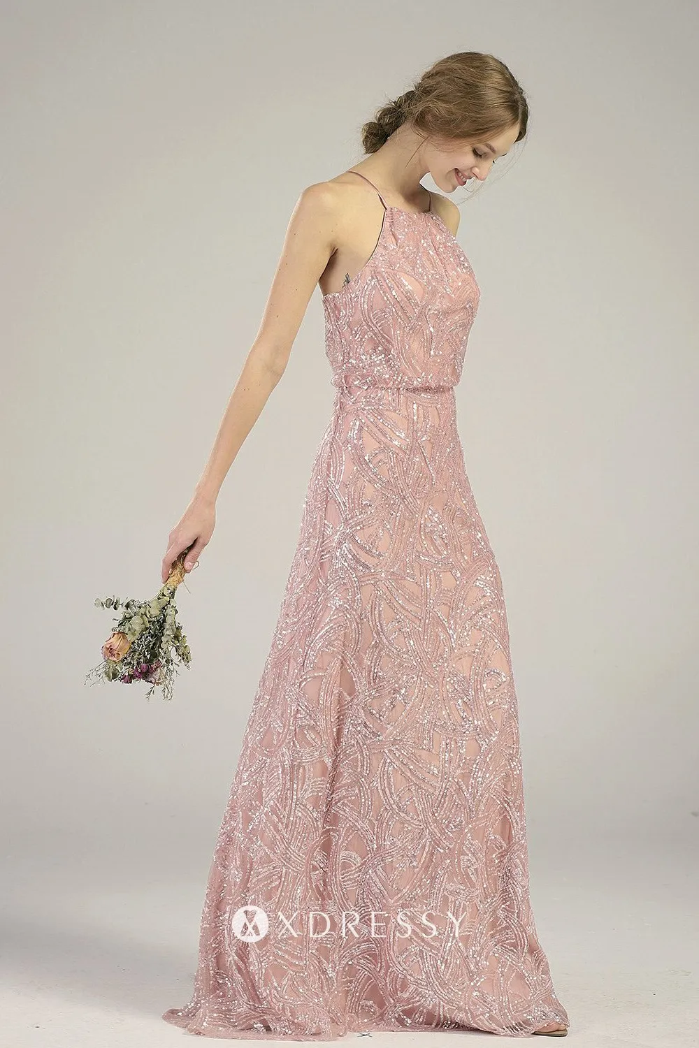 Blush spaghetti straps halter sequin bridesmaid dress