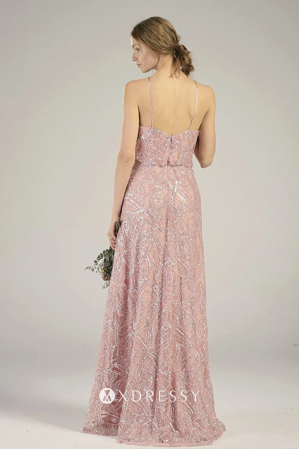 Blush spaghetti straps open back sequin long bridesmaid dress