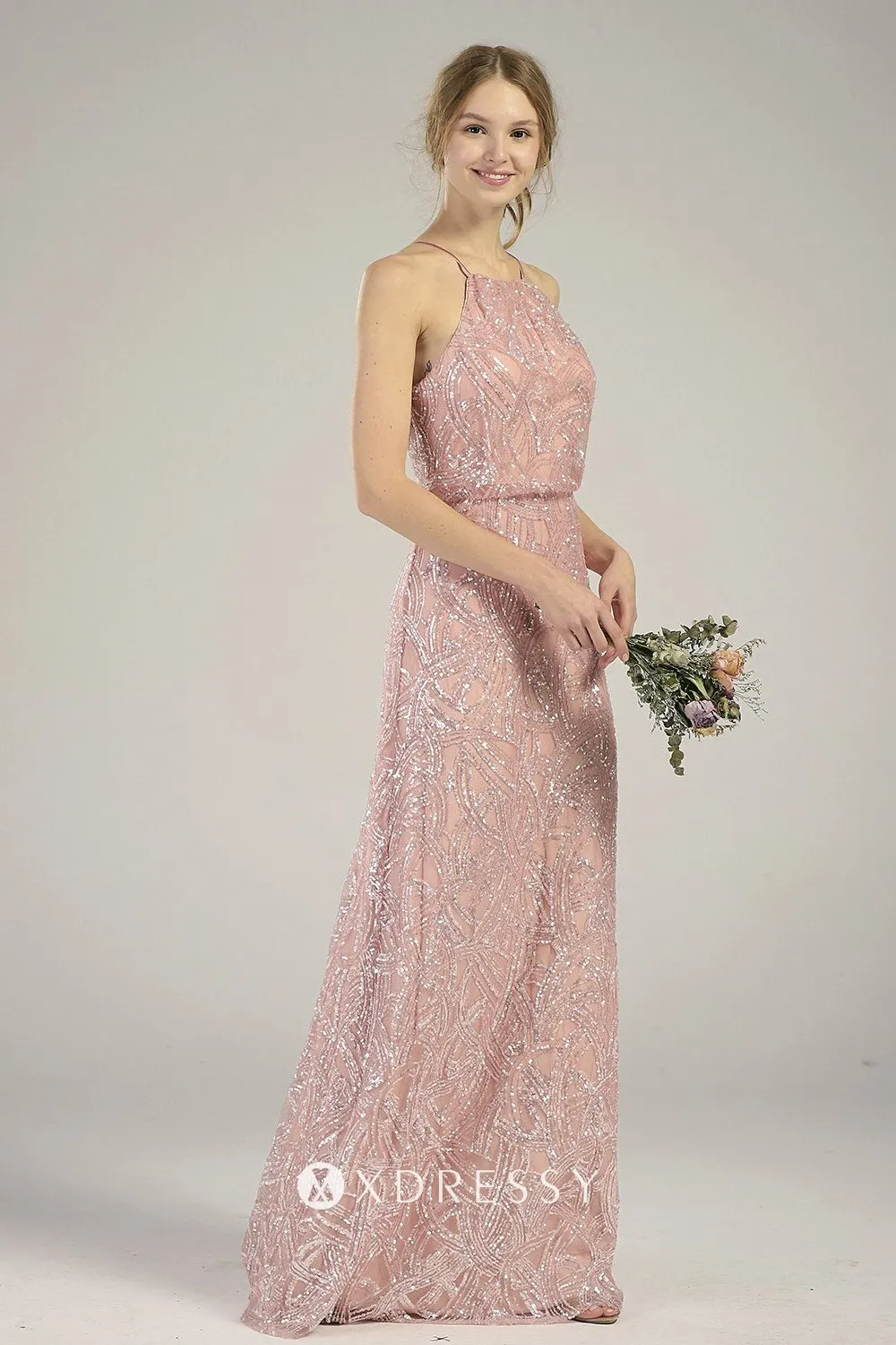 sleeveless halter neck blush sequin long bridesmaid dress