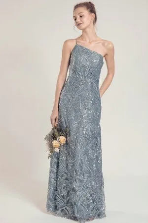 dusty blue one shoulder long sequin bridesmaid dress