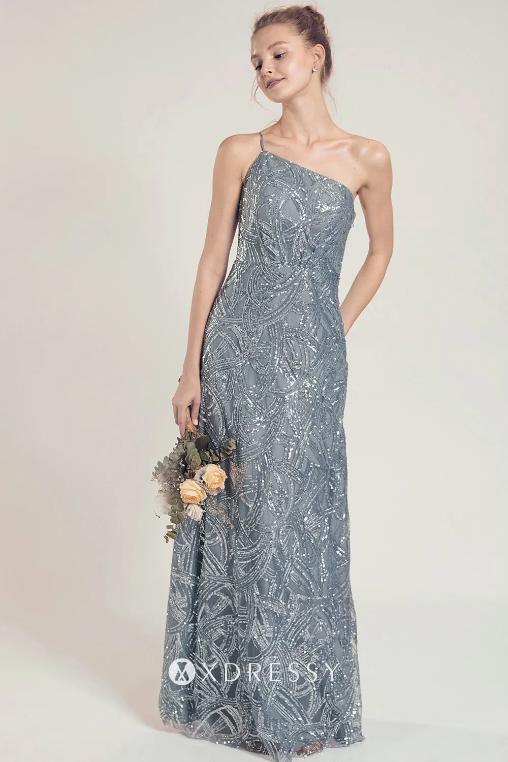 Dusty Blue One Shoulder Long Sequin Bridesmaid Dress Xdressy